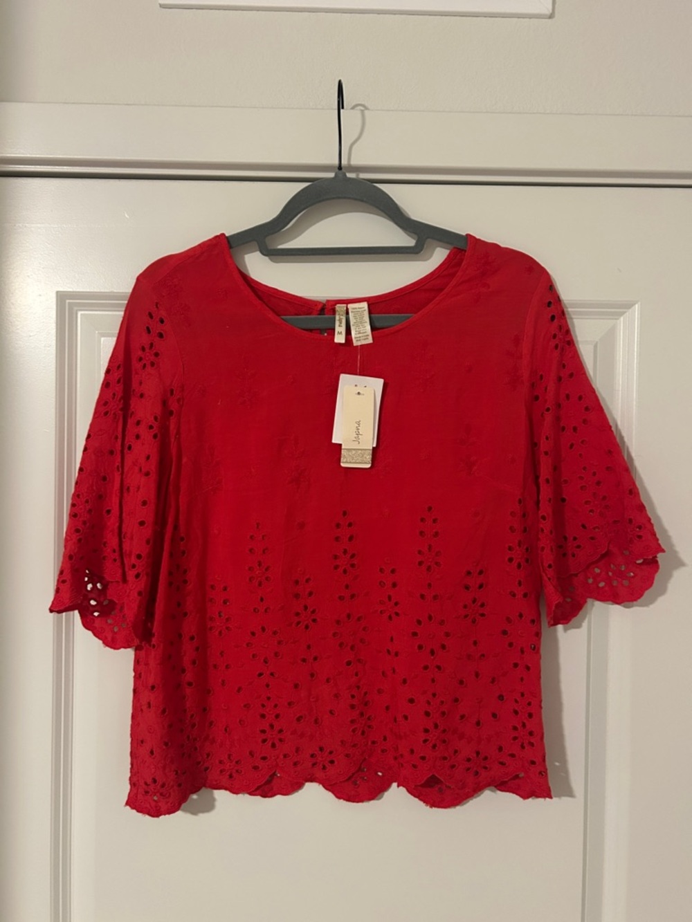 Japna Red Eyelet Flutter Sleeve Blouse